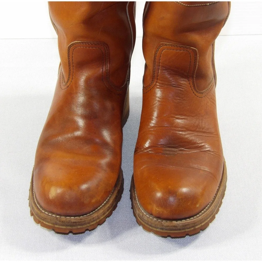 Vintage Tall Leather Pull On Boots Mens 8.5 Tan Good Vibram Lug Sole Work Moto